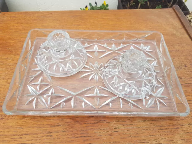 Art Deco era Pressed Glass Dressing Table 3 piece set Pair Candle Holders & Tray