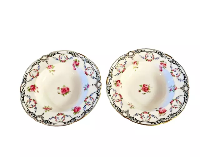 Pair 2 Antique Minton 7423 Pink Roses Garlands Porcelain Soup Dessert  Bowls