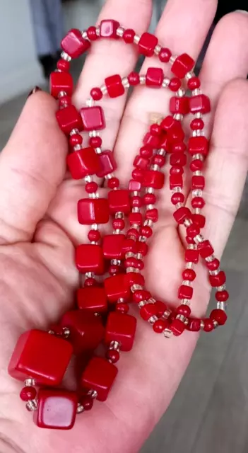 Neiger Bros Art Deco Czech Red Glass Bead Necklace. Cube Shaped Beads RARE