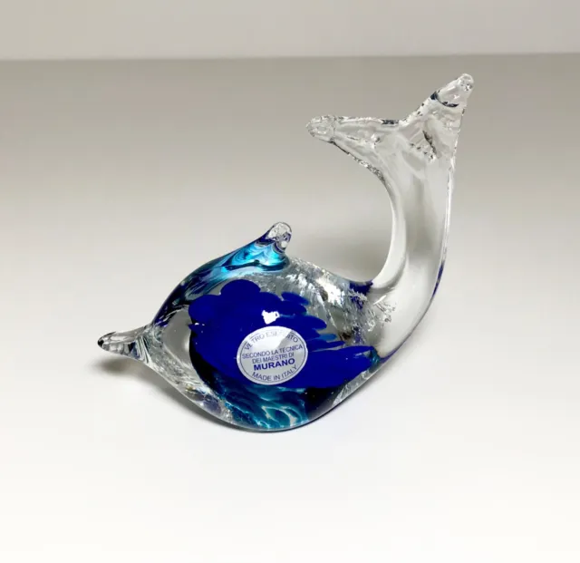 Murano Clear Crystal Art Glass Cobalt Blue Dolphin Figurine Paperweight New