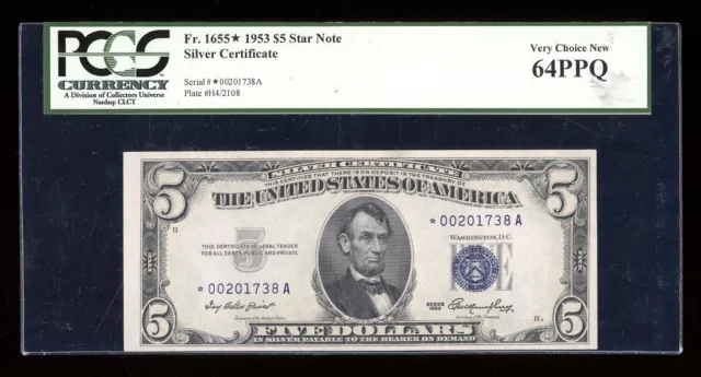 DBR $5 1953 Silver STAR Fr. 1655* PCGS 64 PPQ Serial *00201738A