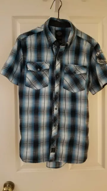 Harley Davidson Small Button Shirt Size S Blue, Black and White Plaid