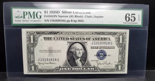 Fr.1613N Narrow $1 Silver Certificate 1935-D No Motto-PMG 65 EPQ Gem Unc.