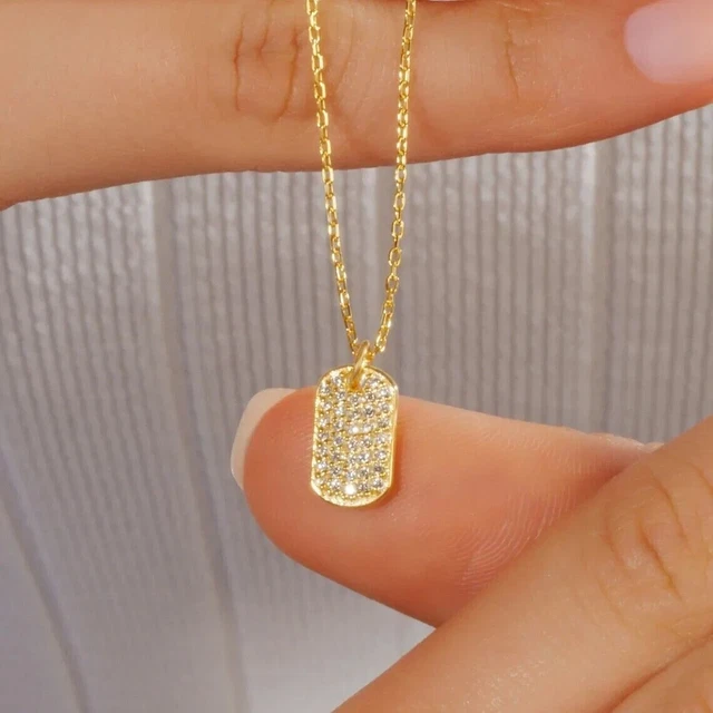 2Ct Round Cut Simulated Diamond Dog Tag Pendant Necklace 14K Yellow Gold Plated