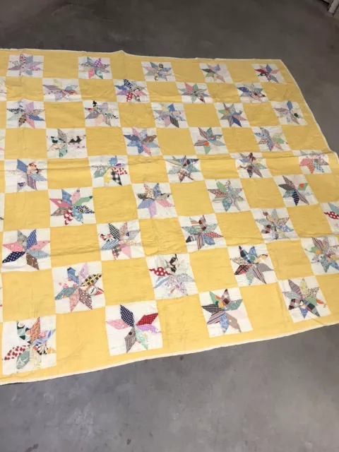 vintage cotton hand quilt 63 X 74 Scrappy Star Pattern With Yellow Between. Hole