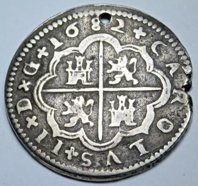 1682 Holed Spanish Silver 2 Reales Genuine Antique 1600's Colonial Pirate Coin