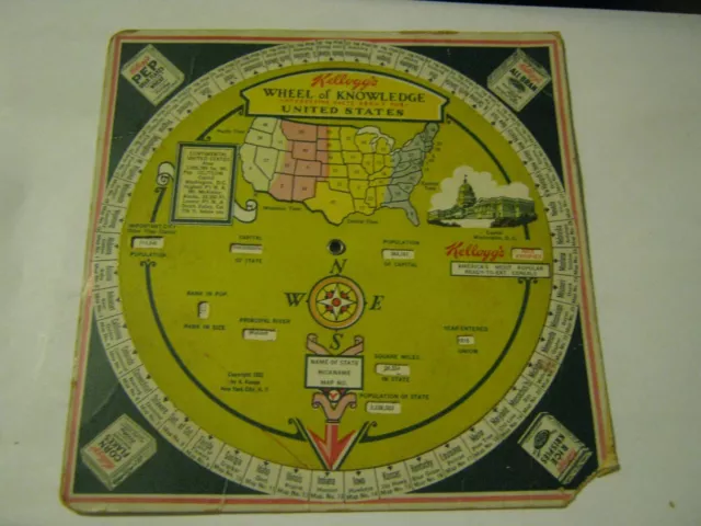 1930 KELLOGG'S Wheel of Knowledge for the 48 States, PEP All Bran Rice Crispies