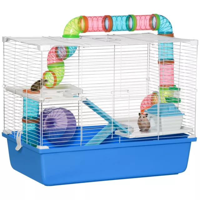 PawHut Hamster Cage w/ Tubes Exercise Wheel, Water Bottle, Food Dish -  Blue