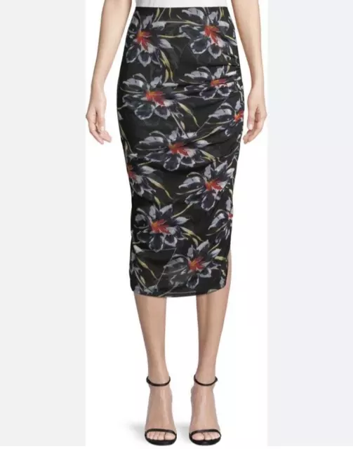 DVF Diane Von Furstenberg Skirt Cinched Floral Midi Black Mesh Slit Size Medium
