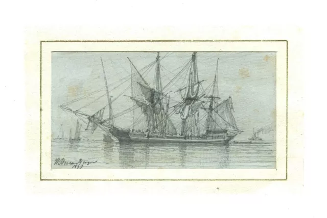 Jean-Baptiste Henri DURAND-BRAGER (1814-1879) Paysage marin bateau Dessin ancien
