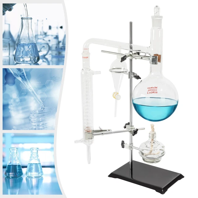 1000ml Distillation Apparatus Kit Chemistry Lab Essential Oil Distilling Glass