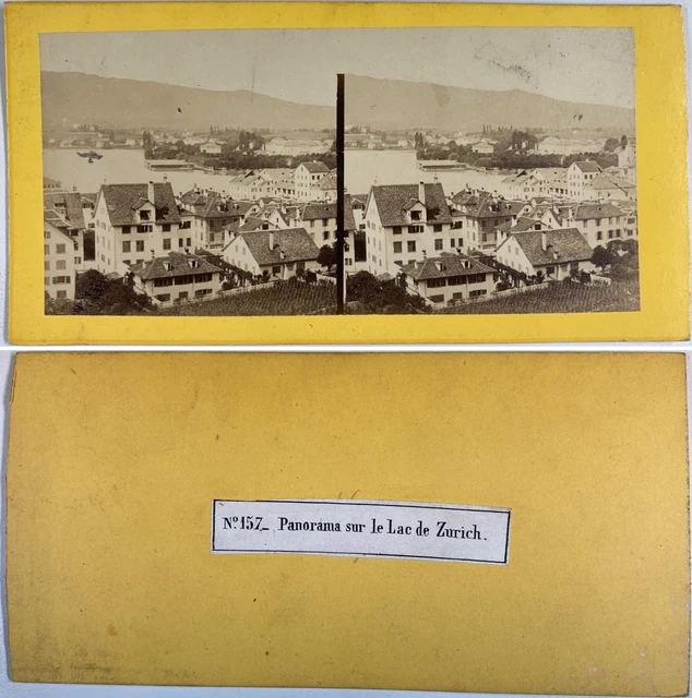 Suisse, Panorama sur le Lac de Zurich, Vintage albumen print, ca.1880, stéréo Ti