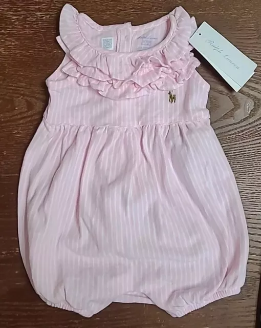 NWT  Ralph Lauren Infant Girls Lavender Pink Stripe Bubble Ruffle  3M