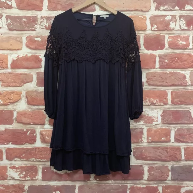 Anthropologie Jodifl Dress Womens Small Dark Blue Floral Embroidered Long Sleeve