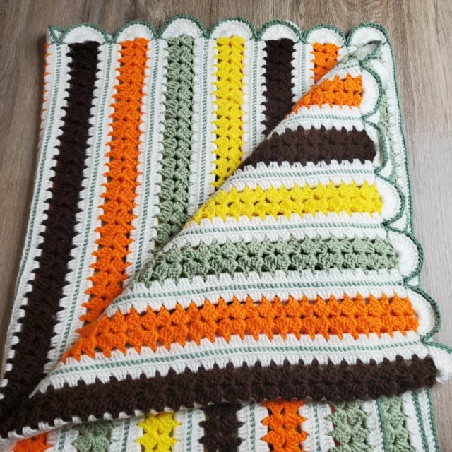 Vtg 70s Afghan Throw Blanket Scalloped Orange Yellow Brown Green Stripe 55x40