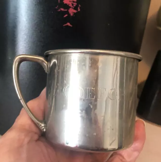 MCM Vtg Silverplate BABY CUP Mug ALPHABET BORDER BAND 2.5"  No Mono