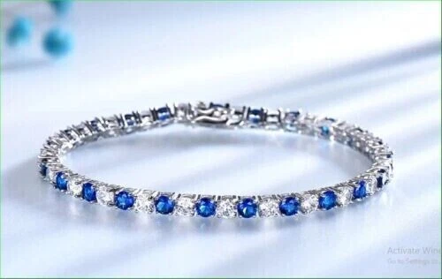 5Ct Round Cut Lab Created Blue Sapphire Tennis Bracelet 14K White Gold Plated
