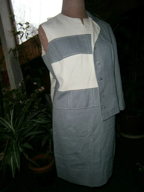 Tailleur "CORI": Giacca ,Gonna ,blusa grigio/bianco fresco - Lana T.50-anni '60