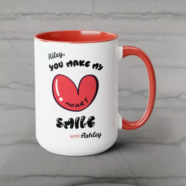 You Make My Heart Smile Two-Tone Mug, Personalized Valentines Day Gift Cup 15 oz