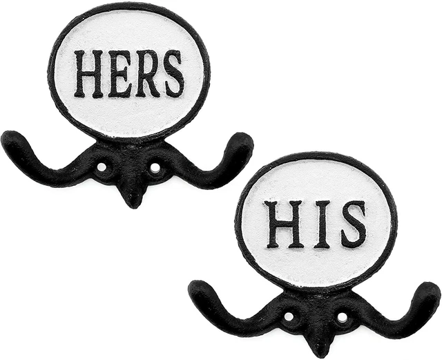 Cast Iron His/Hers Towel Hooks Set of 2, Black and White Rustic Farmhouse Decor
