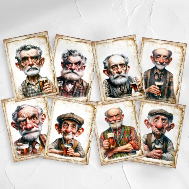Funny Old Men with Beer Card Toppers Cardmaking Scrapbooking Tags Craft Grandad
