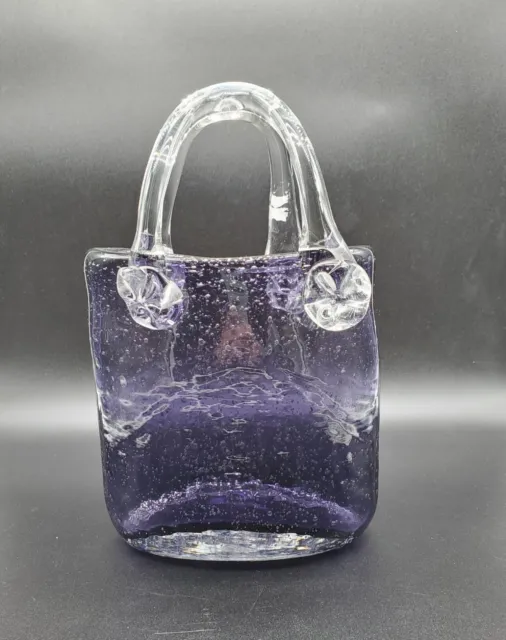 Murano Style Large Purple Bubble Art Glass Handbag Basket Hand Blown Vase