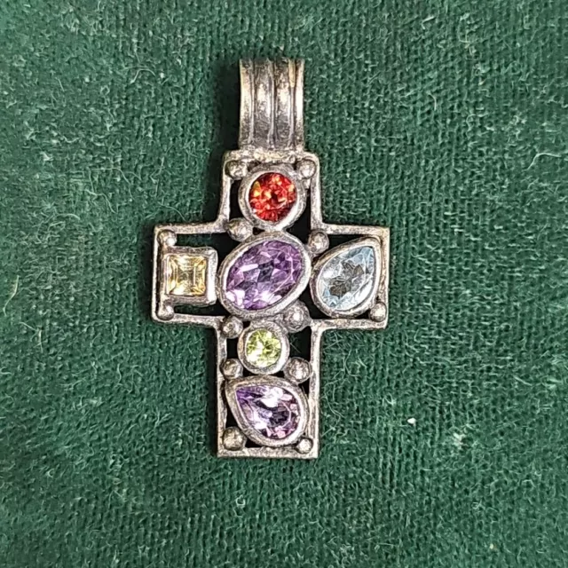 VINTAGE STERLING SILVER 925 Multi stone Cross Necklace Pendant 6.6g ...