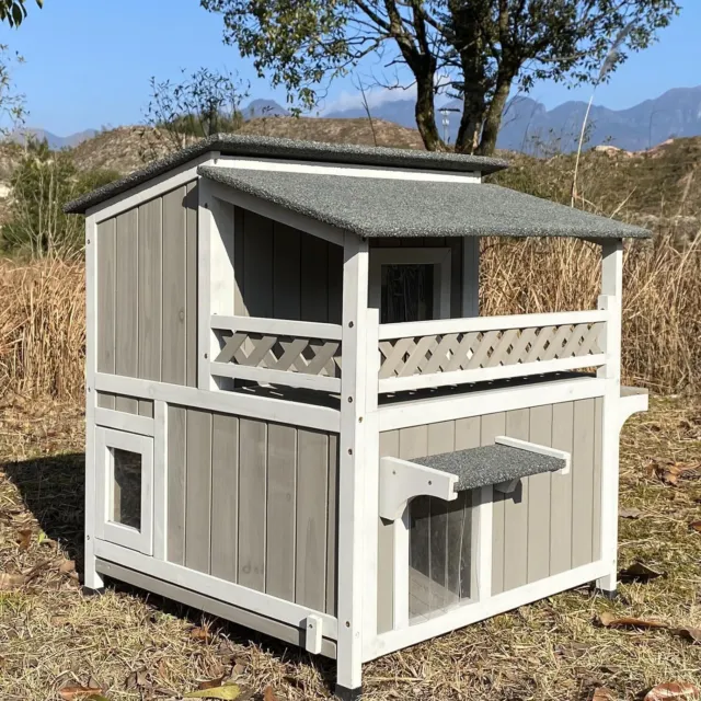Two Story Cat House Outdoor Wooden Feral Cat Shelter with Balcony & Escape Door