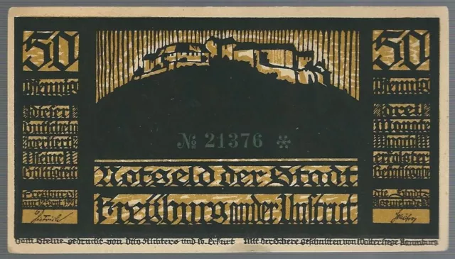 Notgeld - Freyburg- Stadt Freyburg a. Unstrut - 50 Pfennig - 1921 -"zum zweiten"