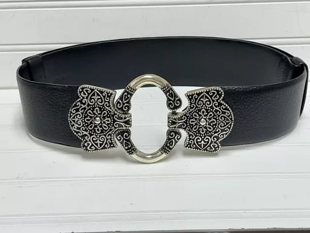 CHICOS Black Leather Adjustable Chunky MEDALLION Buckle Fancy BLING Belt M/L