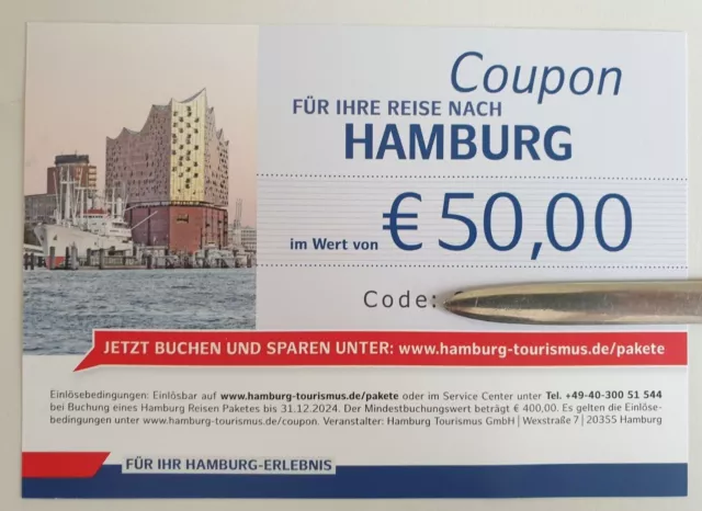 ! Urlaub HAMBURG TOURISMUS !!! Coupon Rabattcode Gutschein Code Reisen 50,-- !