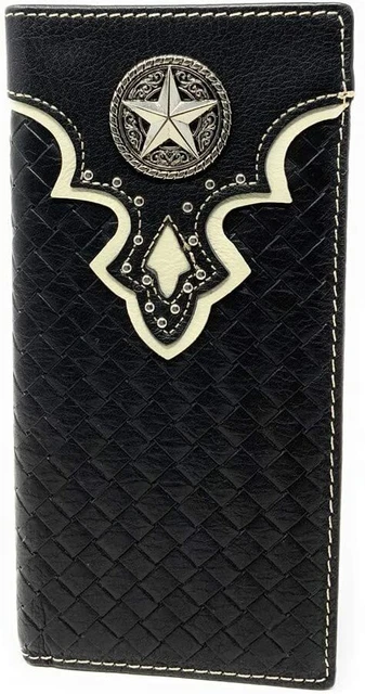 Western RFID Genuine Leather Basketweave Star Metal Concho Mens Long Bifold Wall