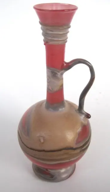 Israel Art Glass Vase Hand Blown Vase Red Brown Swirl Handle 7 inches