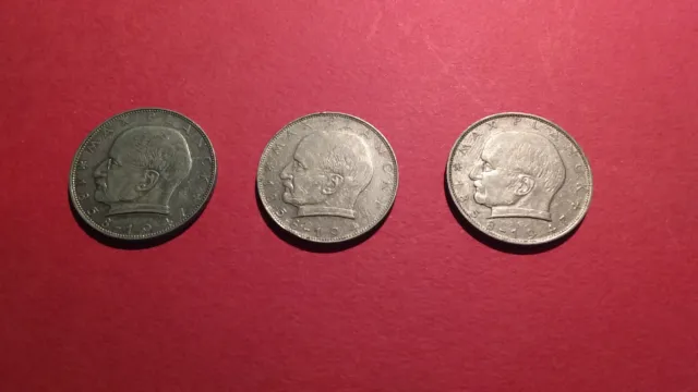 3 Sonderumlaufmünzen: 2 Deutsche Mark Max Planck, 1957 (J) + 1961 (D) +1963 (J)