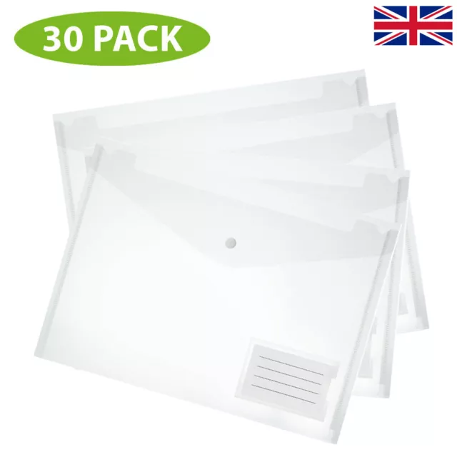 30 A4 Plastic Document Wallets Clear Folders Stud Close Popper Envelope Clear