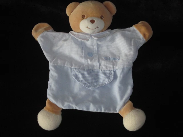 Doudou plat Ours Marionnette vichy bleu & blanc avec coeur Takinou Nounours
