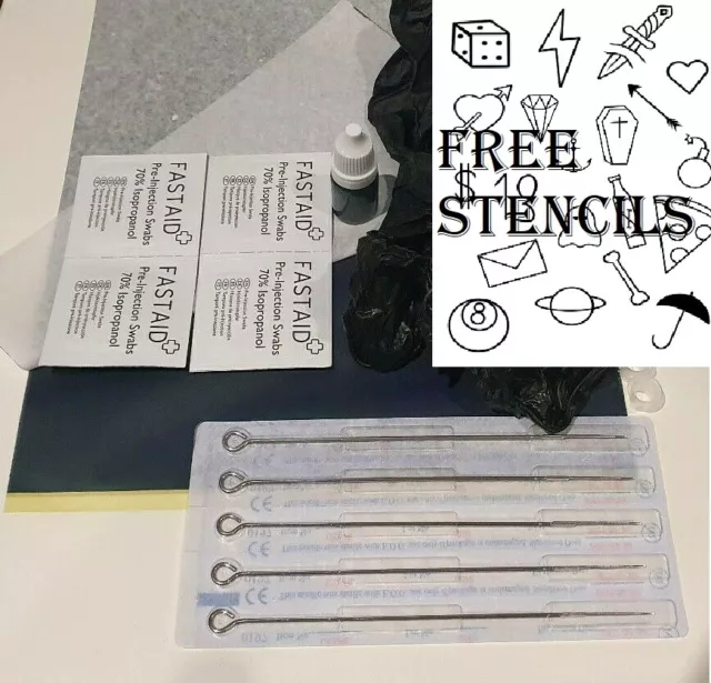 30 Stencils Stick and Hand Poke Tattoo Kit - Needles / Ink / Gloves / Cups