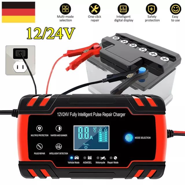 12/24V KFZ Auto Intelligente Batterie Ladegerät Impuls Reparatur Akku AGM/GEL DE