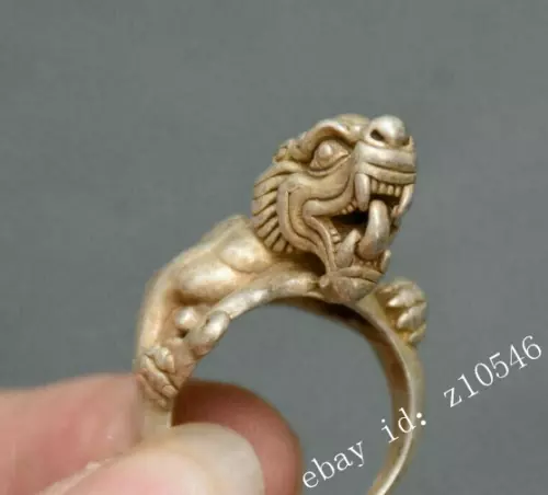 4CM Old Chinese Miao Silver Dragon Beast Head Pixiu Jewellery Luck Hand Ring