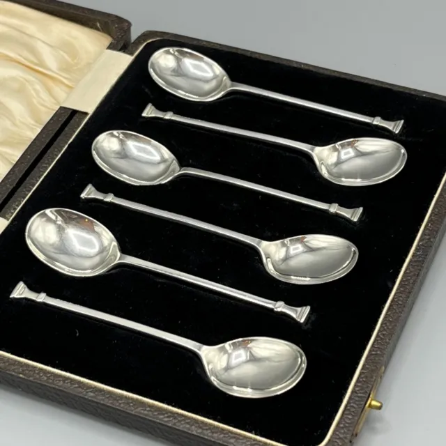 6 Solid Sterling Silver Coffee Spoons Cased Set Art Deco 1930s Hallmarked 1932