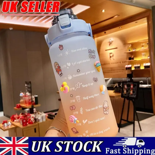 2L Water Bottle Straw Cup Sport Time Scale Jug w/ Stickers (Gradient Blue)