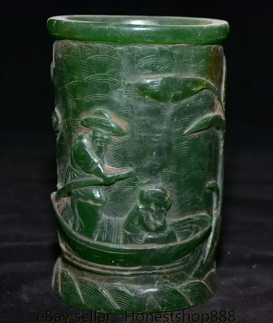 5" Old Chinese Green Jade Carved Dynasty Fisherman Boatman Lotus Brush pot