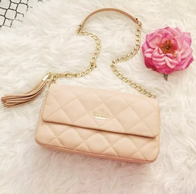 Kate Spade Emerson Place Serena Quilted Cashew Flap Bag Purse Handbag Nude Chain