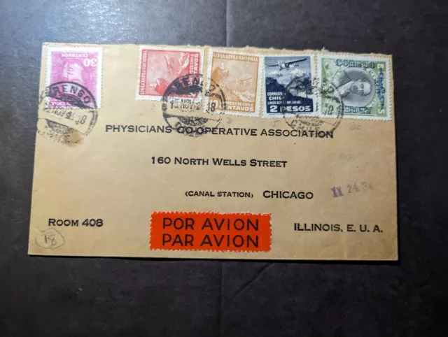 1934 Chile Airmail Overprint Cover Rengo to Chicago IL USA