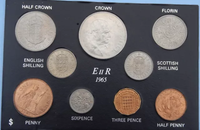 1965 Set of all Issued coins Halfpenny to Crown Churchill on Card Elizabeth II