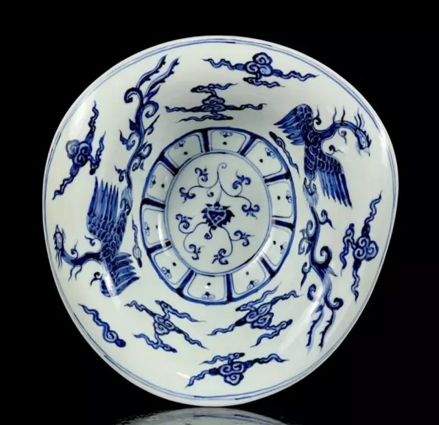 Xuande Signed Old Chinese Blue & White Porcelain Bowl w/ phoenix CK176