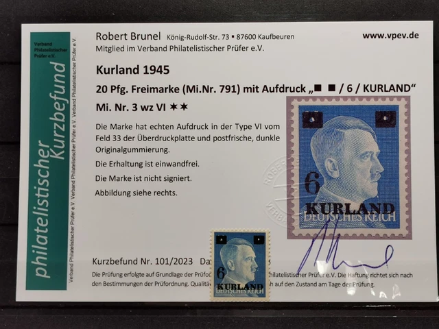 Deutsche Besetzung Kurland Mi-Nr. 3 wz Vl MNH Postfrisch Kurzbefund Brunel BPP