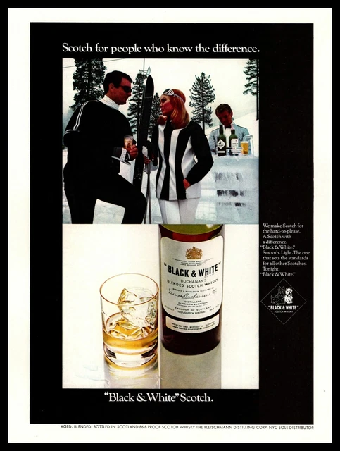 1969 Black & White Scotch Whisky "Know The Difference" Snow Ski Vintage Print Ad