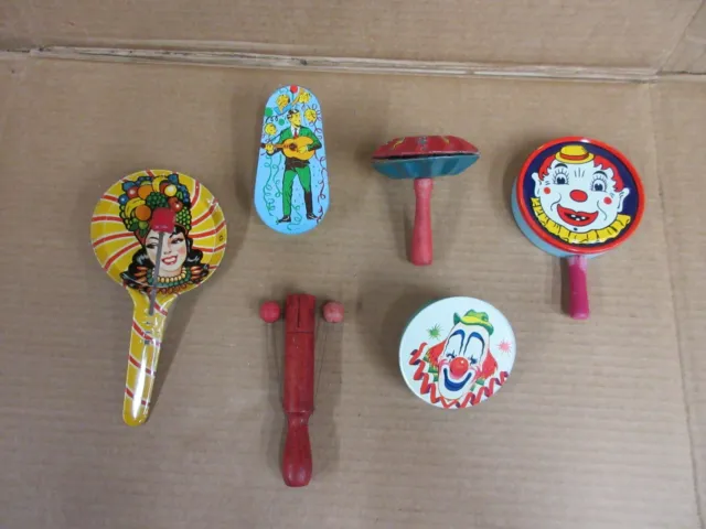 Lot of 6 Vintage Tin Litho Mixed Noise Makers 1950s    D