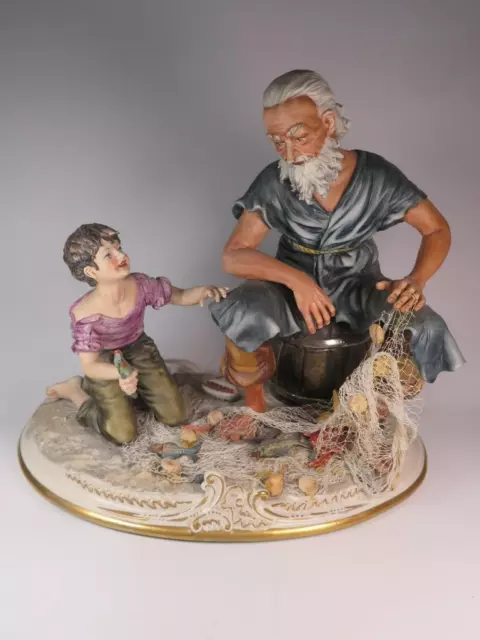 STUNNING LARGE CAPODIMONTE PORCELAIN Figurine Fisherman with Nets and Young Boy